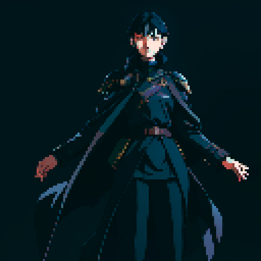 T-pose. Male. Full body. Short, dark blue hair. Black coat. Thin, covert, black armor underneath the coat. Better facial features. No shading.