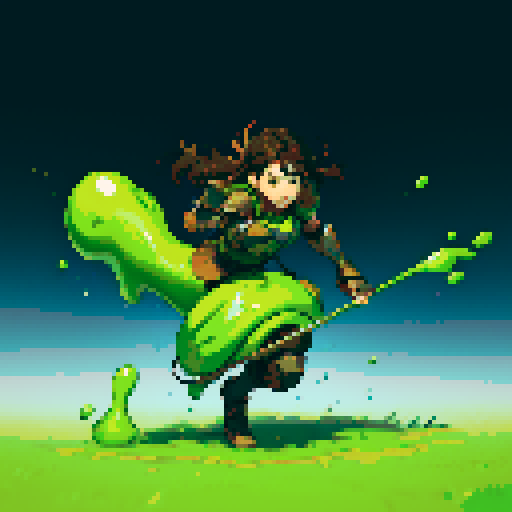 slime slamming into a hero, impact, splattering, full-body image, hero has brown hair and metal armor, slime is green