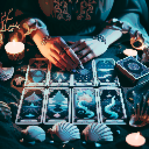 A close-up of a woman's hands over a table during a tarot card reading in a medieval dark style. The table is adorned with elements of the ocean such as sea shells, sand, and small pieces of coral. The atmosphere is mystical and dimly lit, with candlelight casting shadows that enhance the eerie and magical mood. The woman's hands are gracefully poised over the cards, which also have oceanic designs like waves and mermaids.