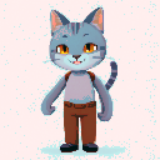 antropomorphic gray cat guy, smiling, brown pants