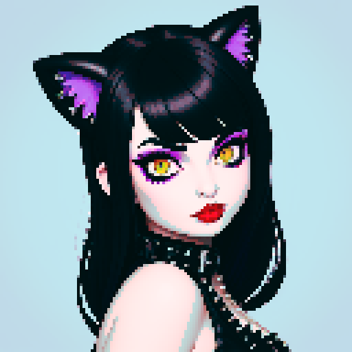 curvy, cute busty greaser goth girl's face, goth cat girl, whole head portrait, black hair, purple eyeshadow, red lipstick, low cut black studded leather halter top, studded collar, game avatar portrait, vibrant sRGB colors