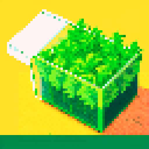 weed in a transparent bag, vibrant green leaves, crisp edges, retro video game aesthetic, blocky pixels, 8-bit art style, bold colors, limited color palette, high contrast, clean lines, digital graphics, nostalgic vibes