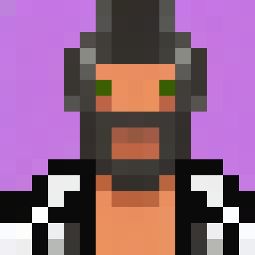 Pro wrestler with black hair, wicked grin, raised brows, bushy beard, and malevolent aura in a 16x16 pixel portrait.