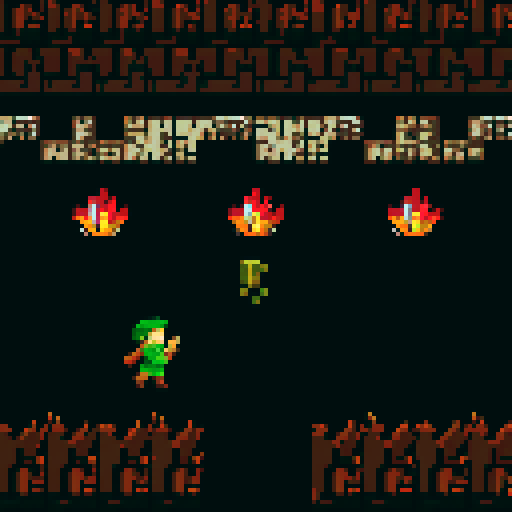 archaeologist with rugged explorer attire, wielding a trowel as big as a sword, surrounded by lush greenery, a pixelated forest, vibrant wild animals, reminiscent of NES Zelda, NES color pallete