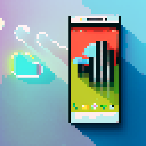 A sleek, black smartphone with a vibrant, neon screen displaying a pixel art cityscape surrounded by pixelated clouds and a stylized sun