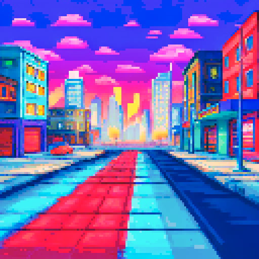 Empty parking lot with cracked asphalt, surrounded by brightly colored houses and tall buildings, with a sprawling map of the city in the background, all rendered in vibrant pixel art, large area