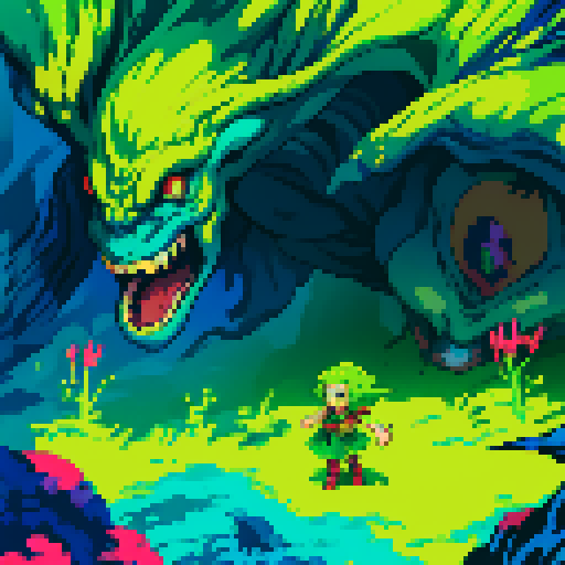 monster, vibrant colors, stylized pixel art, jrpg, slime, dynamic poses, 16-bit, expressive facial expressions, whimsical environments, fantasy creatures, action-packed scenes