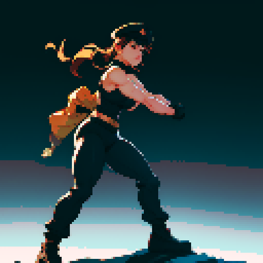 full-body image, muscle girl, female, thick biceps, big shoulders, big fists, muscular physique, thick waist, facing left, ready to fight, exaggerated proportions, black military uniform, black hat, military backdrop, sRGB, pixel art, no background, no backdrop, facing left, fists raised, ready to fight