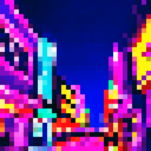 City lights glowing, towering skyscrapers, bustling streets filled with pixelated pedestrians, vibrant graffiti adorning walls, a neon-lit arcade with retro games, sRGB color palette creating a vibrant and lively atmosphere