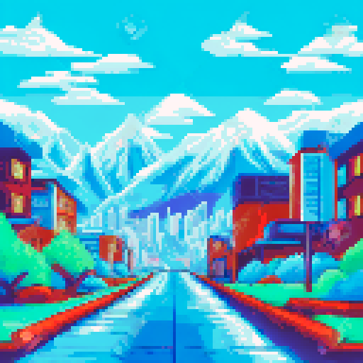 Snow-capped peaks towering over pine forests and a modern city, with a trash strewn all over the streets, all rendered in a vibrant, pixelated art style on an sRGB background