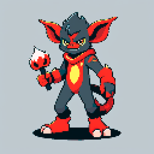 A fire imp. furry and gremlin-like. on a gray background.