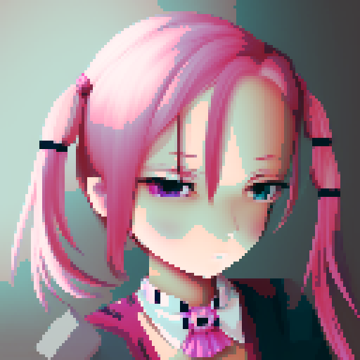 1 girl, pink short hair, short pigtails, pink eyes, pixel art