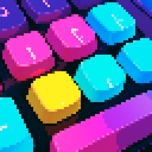 A colorful, pixelated keyboard button with vibrant, retro-inspired hues and sharp, defined edges