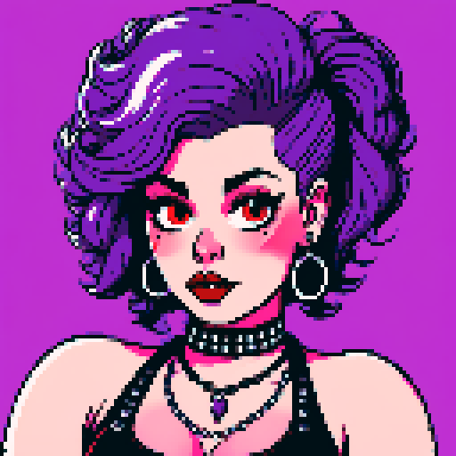 Plus size curvy, cute, busty greaser goth girl, with purple hair, black eyeshadow, red lipstick. Large breasts, wearing bikini and studded collar. Posing for sexy photo.  whole head portrait, avatar photo. vibrant sRGB colors, pixel art, edgy aesthetic