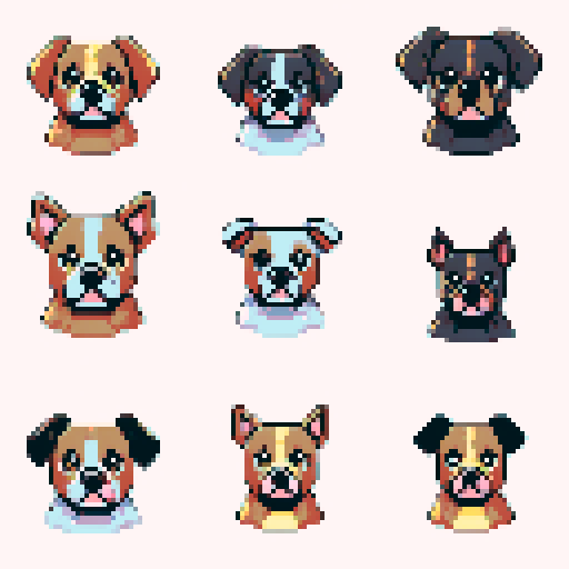 clean pixel art, dog faces 8-bit