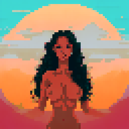 sexy beautiful model, green eyes, golden wet skin shining, orange sunset light, coy smile, tanned skin, black wavy shiny hair, 50mm portrait, sun, glamour, soft curves, ass, full wet lips, nude, nsfw, +18, sRGB, pixel art, background, landscape