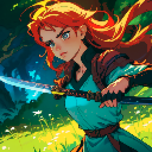 female swordsman, fiery-haired, wielding a luminous blade, poised at cliff's edge, gazing upon a lush woodland, with an extraterrestrial world adorning the sky, all rendered in vibrant pixel art, embracing the sRGB color palette