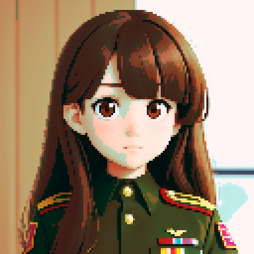 young girl, large round eyes, brown hair, brown eyes, wearing combat army uniform, upper body close-up, clean and detailed, centered composition, beautiful girl, long flowing hair, detailed eyes, slim figure, soft smile, round face, like Japanese anime