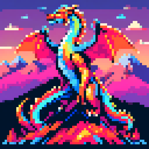 dragon, vibrant colors, intricate scales, fiery breath, majestic wings, soaring through the sky, pixelated details, bold outlines, retro aesthetic, glowing eyes, sharp claws, fantastical landscape, mountains in the background, shimmering scales, intense heat, 8-bit charm, vibrant pixel palette, low resolution, dynamic poses, whimsical charm, nostalgic vibes