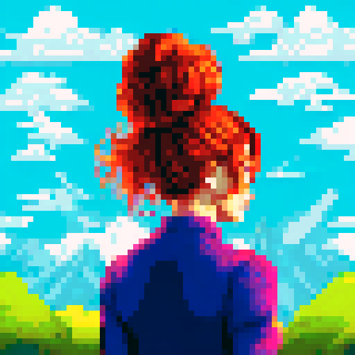 Huge-breasted woman, hair in a messy bun, donning gym clothes and a determined expression, set against a vibrant sRGB pixel art background of a sprawling landscape