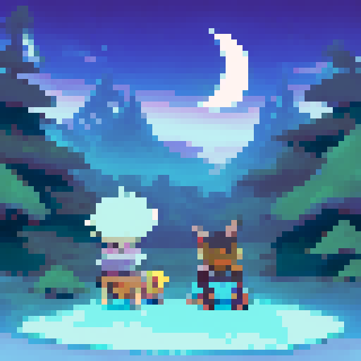 Wolf and man sitting on a bench at night with a moon in the sky