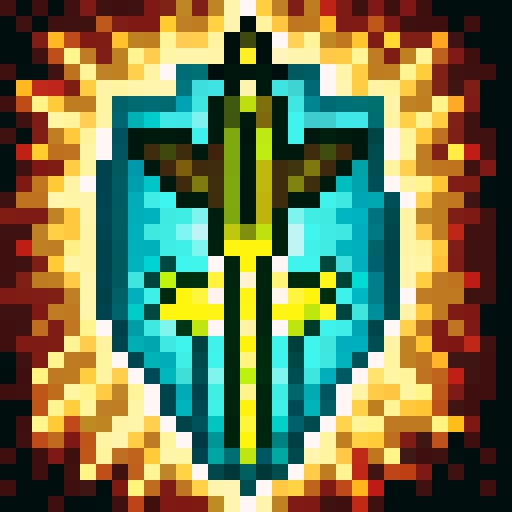 Create a paladin spell icon with a skillful, close-up depiction in 32x32 pixel art style, featuring a glowing aura, shining sword, and intricate holy symbol on a background of divine light in sRGB color
