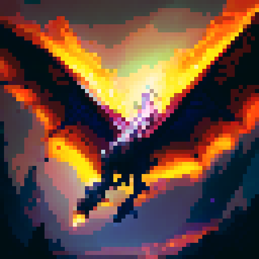 Fiery dragon with shimmering scales, wings spread wide as it soars through a cloudy sky, spewing flames from its monstrous jaws with a backdrop of a mystical kingdom in a fantasy RPG style