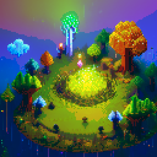 Dozens of glowing vines, pulsating with energy, wrap around a towering, gnarled tree with sparkling leaves, guarded by ethereal spirits wielding crackling lightning bolts in a pixel art landscape, with a background pulsing in sRGB hues