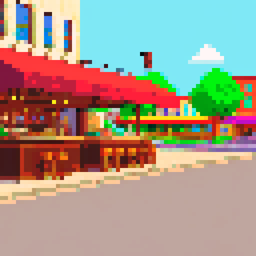 Side scroller urban small town bar, restaurant, park