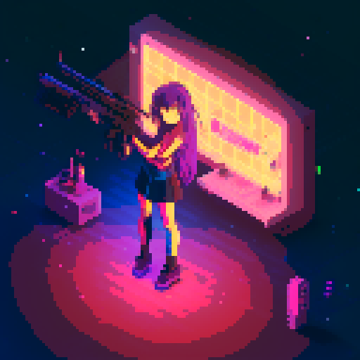 Street Mage anime girl with flowing hair, fluorescent tattoos, and a pixelated sniper rifle, navigating through a purple neon-lit night market and an sRGB glow
