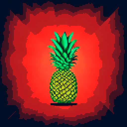 Giant Pineapple with intricate golden patterns growing halfway in the ground, no shadows in an isometric view, against a black background. Set at night, no background. Limited to 6 colours only. 

