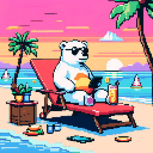 "An 8-bit pixel art of a polar bear relaxing on a tropical beach. The bear, wearing gold chains, sunglasses, and a straw hat, lounges on a reclining chair under a colorful umbrella. A tablet displaying cryptocurrency charts rests on a small table beside a drink and stacks of crypto coins. The scene features pixelated waves, palm trees, and a glowing sunset, blending a laid-back vibe with flashy crypto wealth."