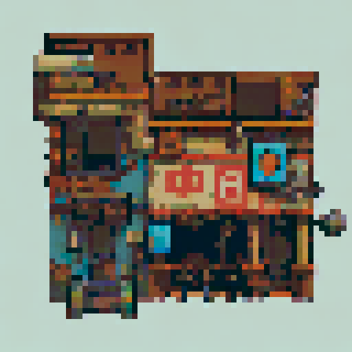 Pixel art building designs for a story-driven point and click game, inspired by dystopian nature overgrown buildings and japanese city architecture. Use Igor Lashtabega, butterberrycafe, and similar artists as inspiration. Create such a building design with neutral colored background