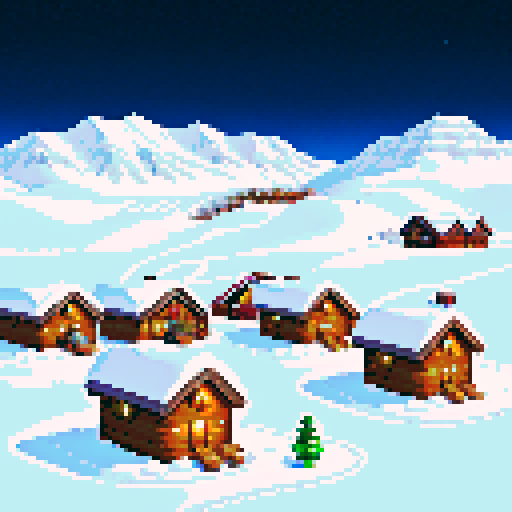 snowy mountain range ski town with a tiny lodge, igloo, campsite, cold, pixel art, sRGB, christmas themed