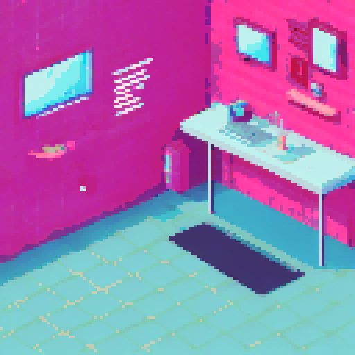 sidescroller background, tattoo shop countertop, workstation, checkered floor, light blue walls, pink walls, pictures, tattoo flash, sRGB, pixel art, background, landscape