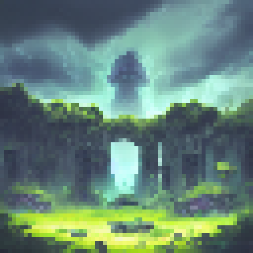 Alien jungle, glowing mushrooms, ancient ruins, sleek spaceship, ominous storm clouds, towering waterfalls.