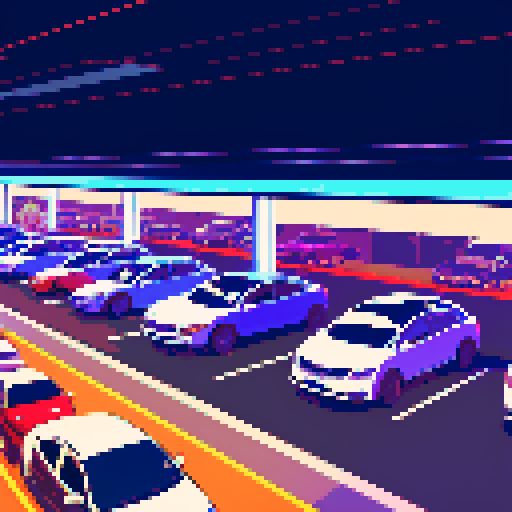 cars are behind the glass of the car dealership, many cars are in a row, a large glass