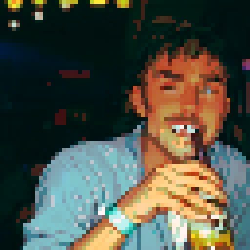 handsome, long-haired guy, drinking beer, with a pixel art style