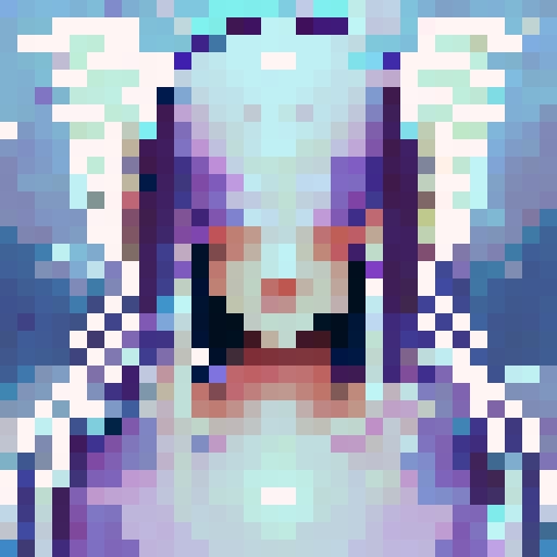 Beautiful ethereal angel with chrome wings, flowing hair, and a serene expression, floating in a dreamlike landscape of pastel clouds and shimmering stars, rendered in pixel art with crisp, defined lines and a vibrant sRGB color palette