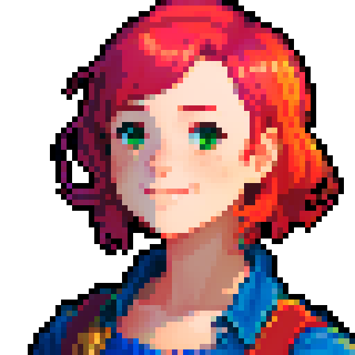 stardew valley-inspired, woman, pixel art, sRGB, vibrant colors, rustic backdrop, short colorful hair, glowing skin, gentle smile, freckles, rosy cheeks
