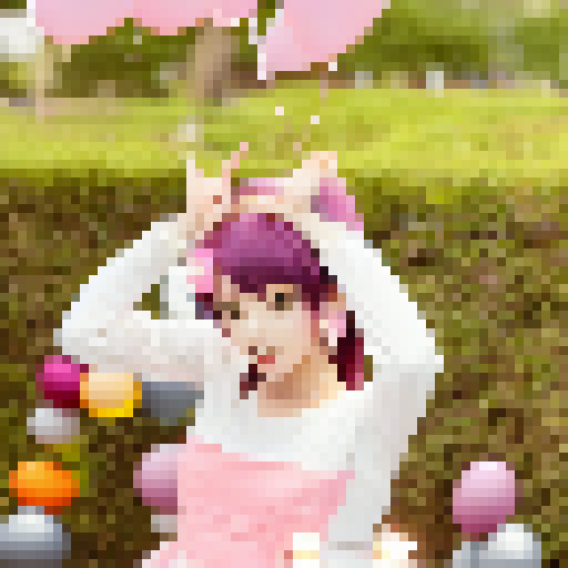 Full body anime-style portrait of a birthday girl in a pink frilly dress, holding a cake with lit candles, surrounded by balloons and confetti.