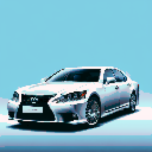 Photorealistic whole Lexus LS, three-quarter view, right front wheel, clean background, sRGB colors, pixel art style, landscape background