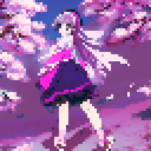 Pink-haired, doe-eyed girl twirling a parasol in a garden of cherry blossom trees, wearing a frilly Lolita dress with lace and bows