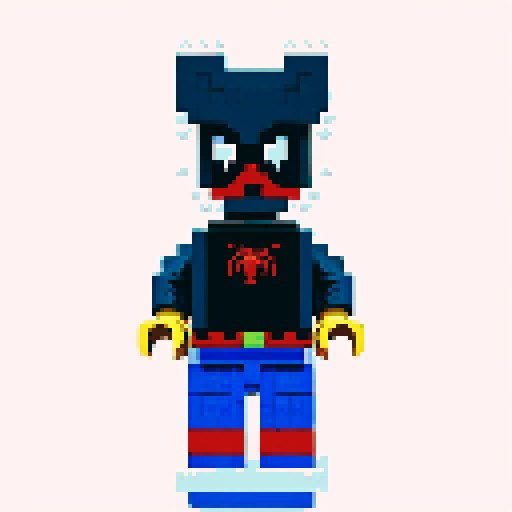 spiderman swinging through a pixelated cityscape, his Lego-like figure blending seamlessly into the vibrant, retro-inspired pixel art style of sRGB