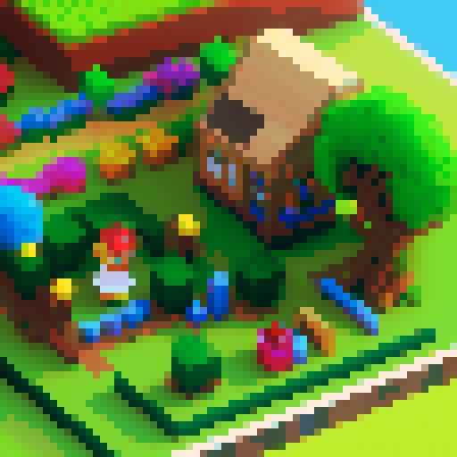 Create a vibrant, pixelated map of a farm-to-table kitchen for the first level of Dr. Ketchup's video game, featuring a lively garden full of fresh vegetables and a bustling kitchen area equipped with classic cooking tools, all rendered in a colorful and stylized pixel art style. Create a pixel art map for the first level of the Dr. Ketchup video game. This level will be the introduction to the world of Dr. Ketchup, setting the tone for the rest of the game. The map should be a stylized version 