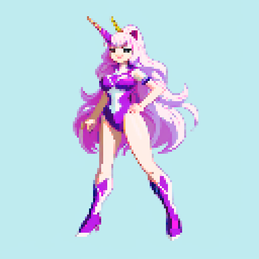 unicorn woman hybrid with cloven hooves, furry, playful expression, clear detail, pixel art style, full body character