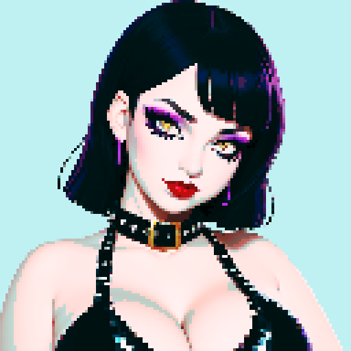 Cat girl, curvy, cute goth woman with black hair, purple eyeshadow, and red lipstick, wearing a bikini, studded collar, portrait, face avatar, in a glamour shot, sRGB color