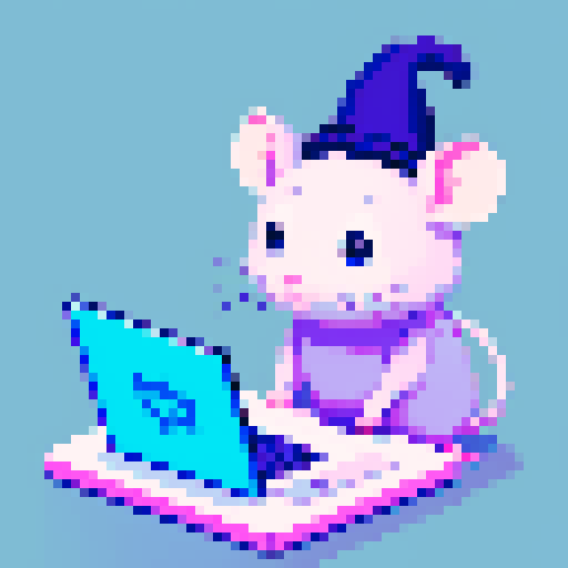Cute rat wearing magic hat doing some code