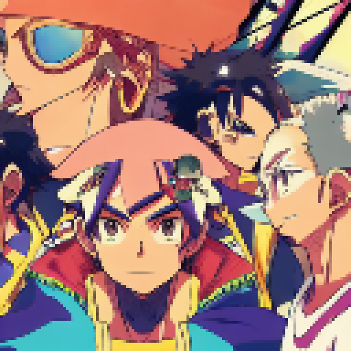 Colorful pirate crew with unique abilities gather around their captain on a detailed ship, ready to set sail on a perilous adventure in Anime style.
