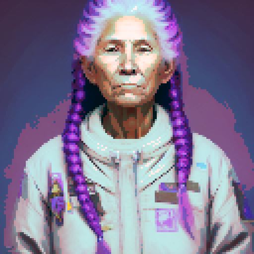 elderly native American woman with purple hair in short braids, and a soft smile
